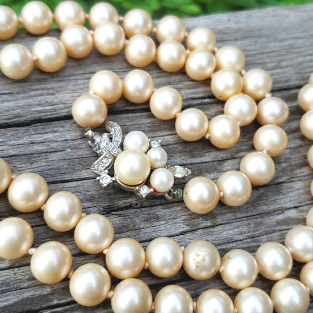 Gorgeous Vintage Marvella Pave Set Rhinestone Cream Pearl Long Sautoir Necklace - Picture 7 of 11